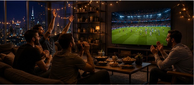 Sports bar-style lounge in Dubai showing live football on IPTV in 4K