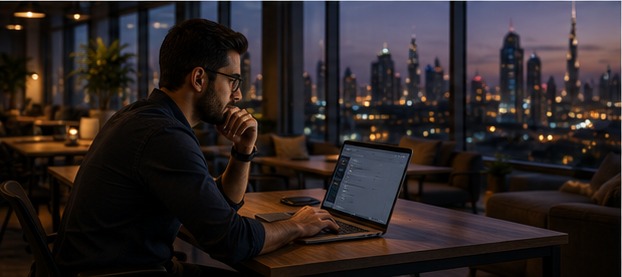 Person browsing IPTV community forum discussions on a laptop in a Dubai coworking space