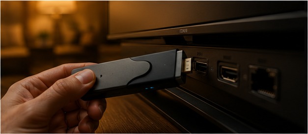 Close-up of a Fire Stick being set up with an IPTV app on a Dubai apartment TV