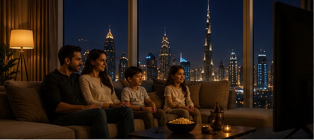 Family streaming IPTV in a modern Dubai apartment with skyline view at night