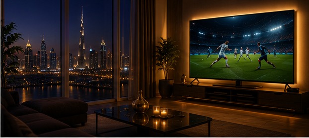 4K IPTV sports match streaming on a large screen with a Dubai skyline view